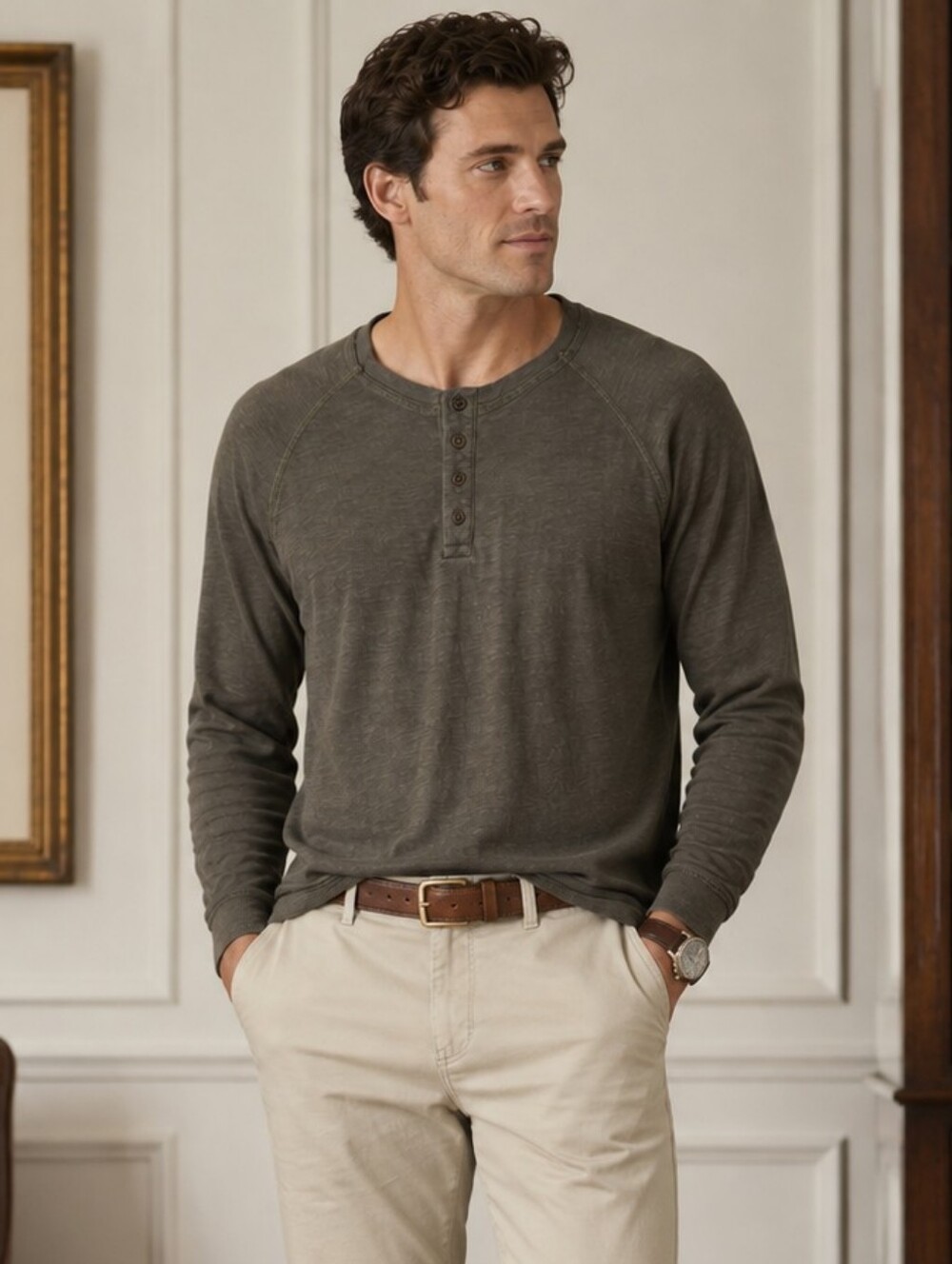 Vince Cotton Long Sleeve Henley Shirt Charcoal Raglan 100% Cotton Size Large